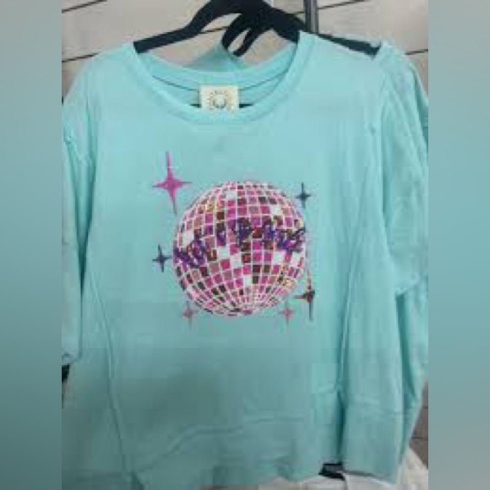 NEW FANTASTIC FAWN let's go girls disco ball sequin tee in baby blue